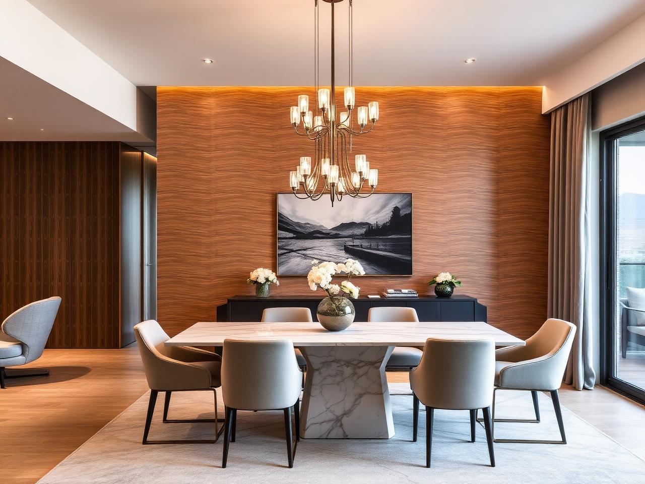 Dining room with veneer accent wall and chandelier