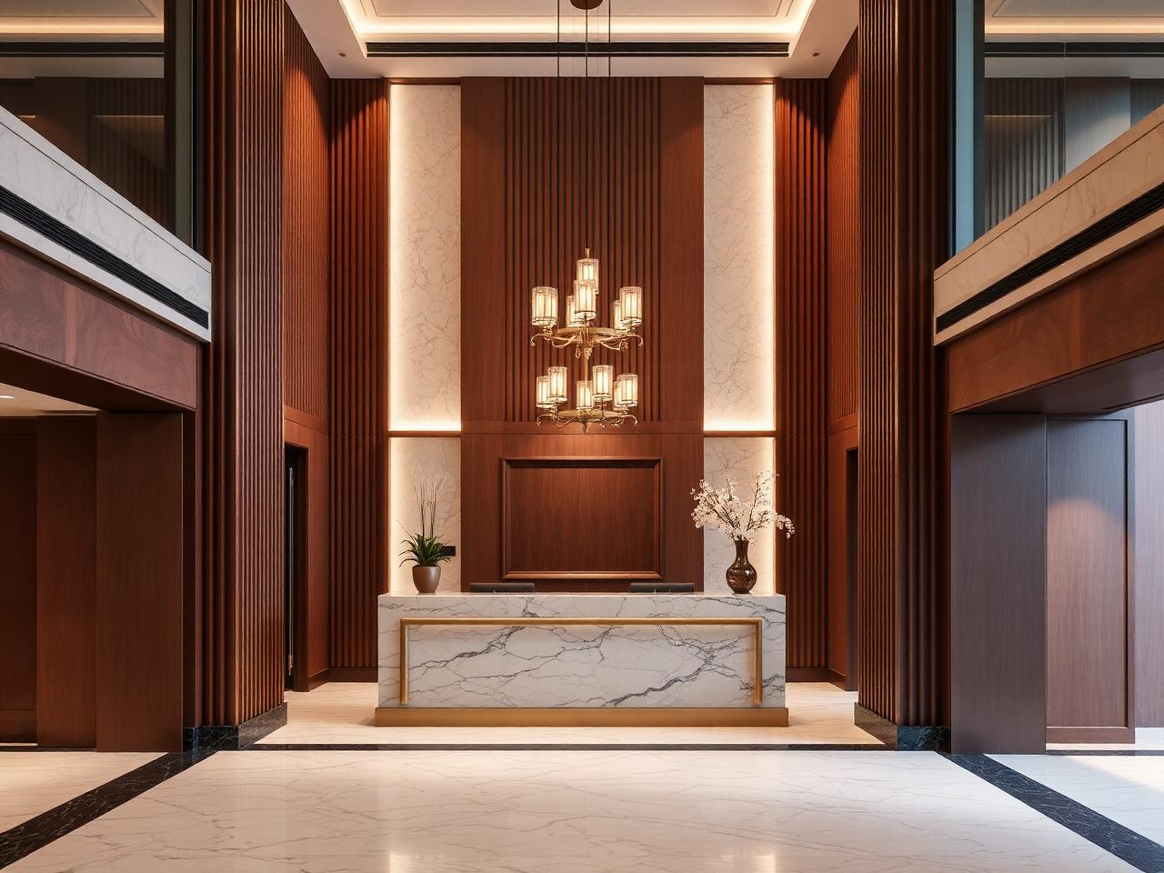 Boutique hotel lobby with fluted panelling and marble desk