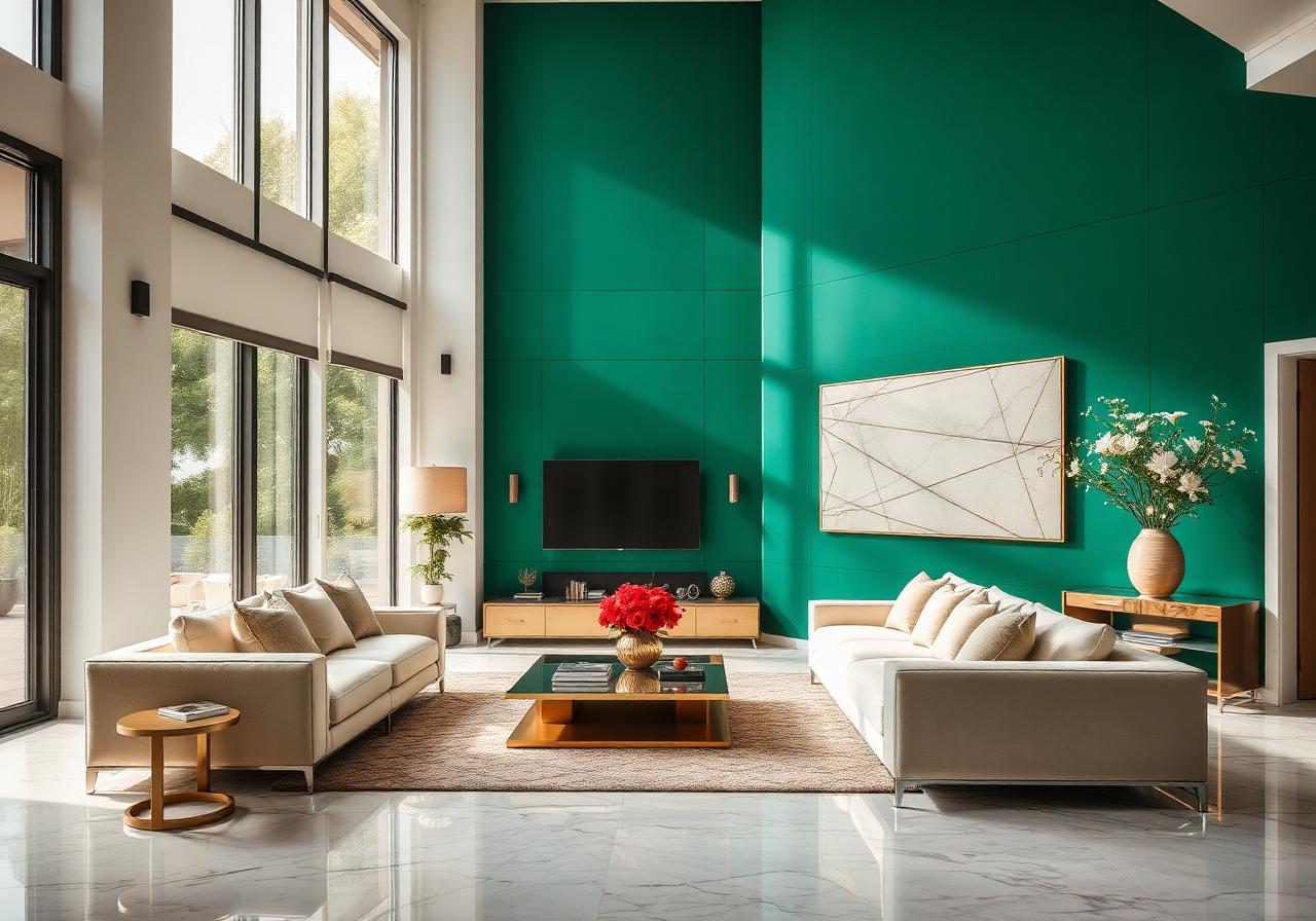 Premium living room with deep green accent wall and marble floor
