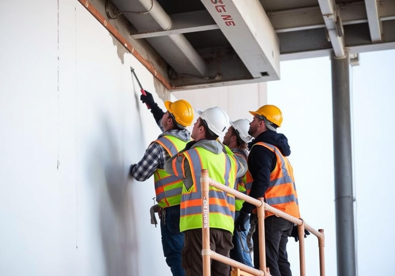 Site team in safety gear executing works