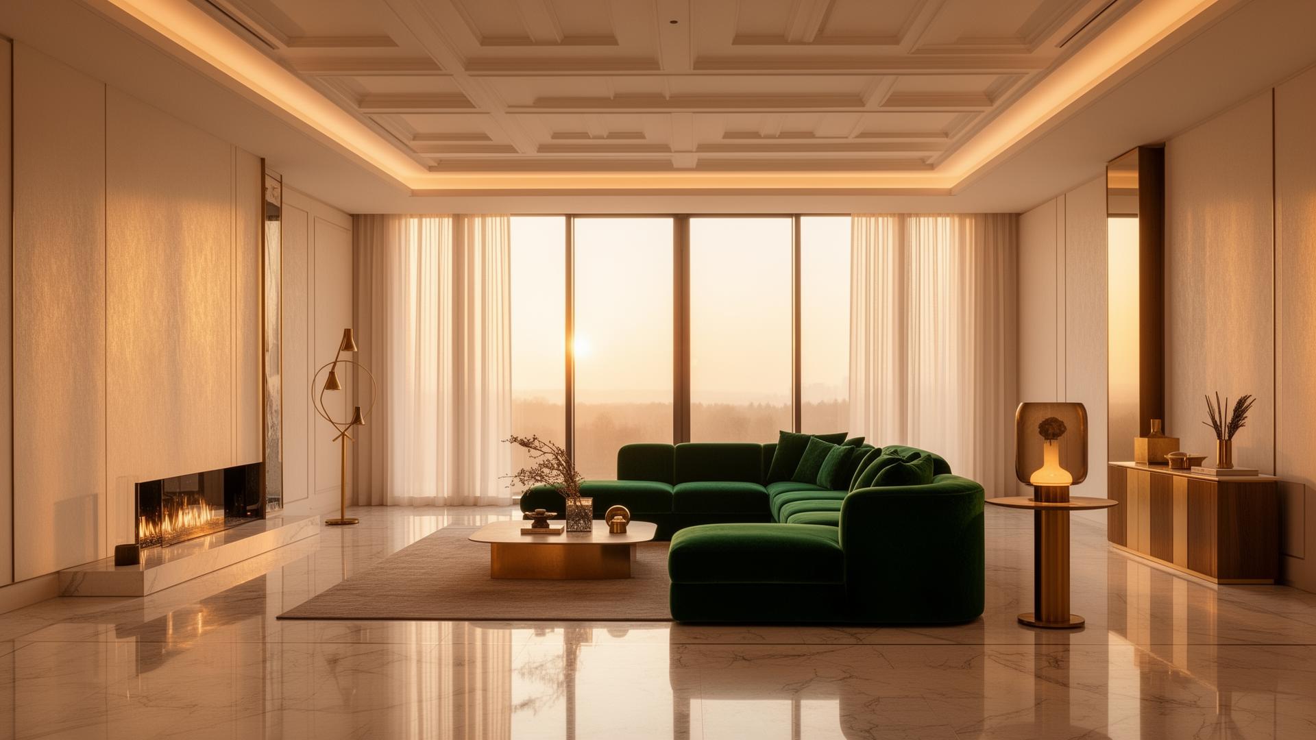 Luxury interior with coffered ceiling and emerald velvet sofa